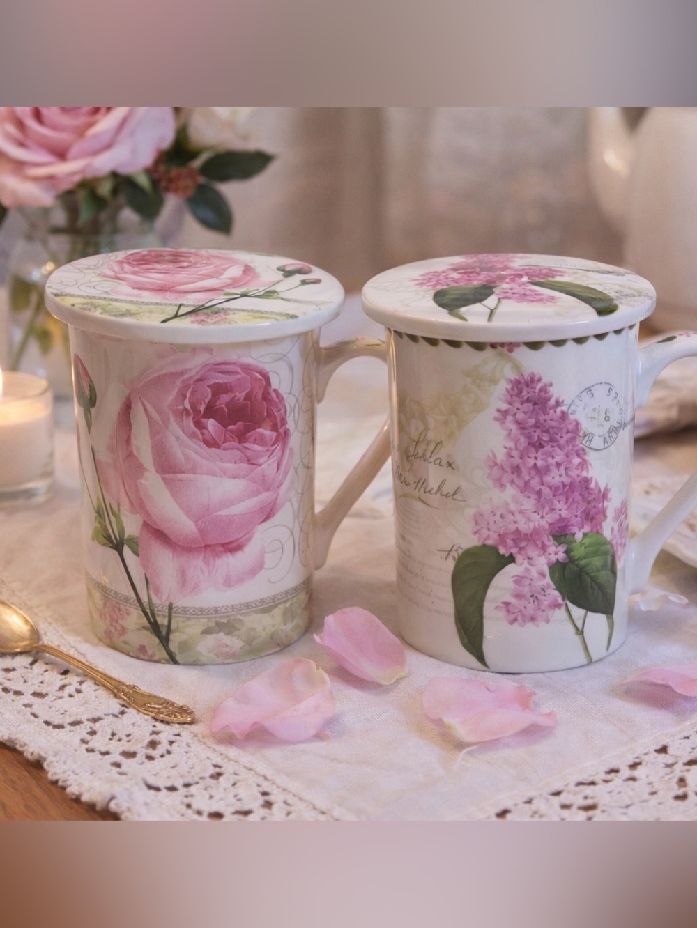 Kent Pottery Bone China Lidded Tea Mugs Set of 2 Pink Rose & Lilac Floral Cups - Picture 4 of 4